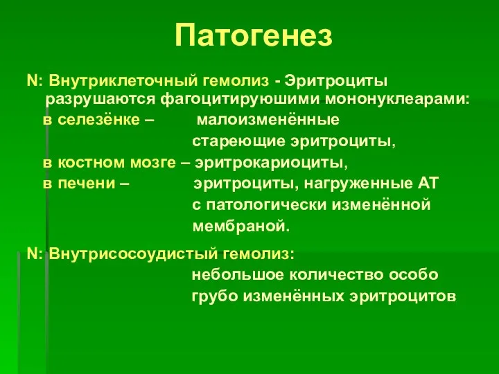 Патогенез N: Внутриклеточный гемолиз - Эритроциты разрушаются фагоцитируюшими мононуклеарами: в селезёнке