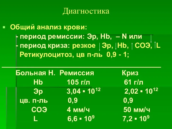 Диагностика Общий анализ крови: - период ремиссии: Эр, Hb, – N