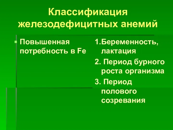 Классификация железодефицитных анемий Повышенная потребность в Fe 1.Беременность, лактация 2. Период