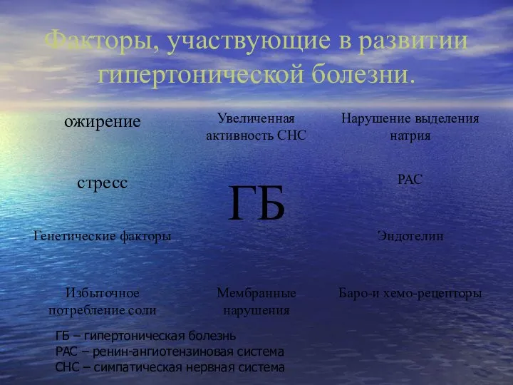 Факторы, участвующие в развитии гипертонической болезни. ГБ – гипертоническая болезнь РАС