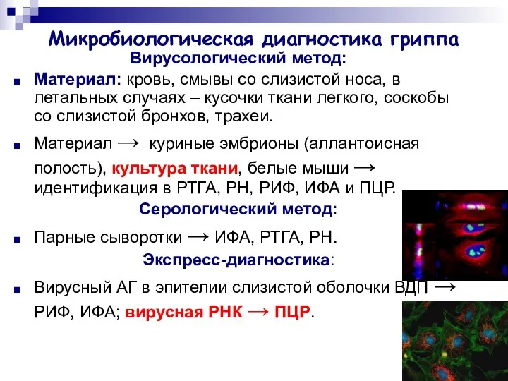 Микробиологическая диагностика гриппа Вирусологический метод: Материал: кровь, смывы со слизистой носа,