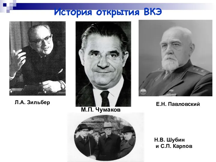 История открытия ВКЭ Л.А. Зильбер Е.Н. Павловский Н.В. Шубин и С.П. Карпов М.П. Чумаков