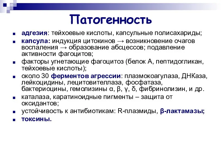 Патогенность адгезия: тейхоевые кислоты, капсульные полисахариды; капсула: индукция цитокинов → возникновение