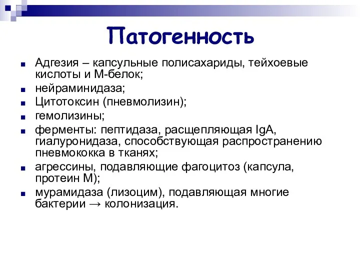 Патогенность Адгезия – капсульные полисахариды, тейхоевые кислоты и М-белок; нейраминидаза; Цитотоксин