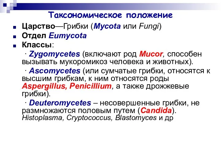 Таксономическое положение Царство—Грибки (Mycota или Fungi) Отдел Eumycota Классы: ∙ Zygomycetes