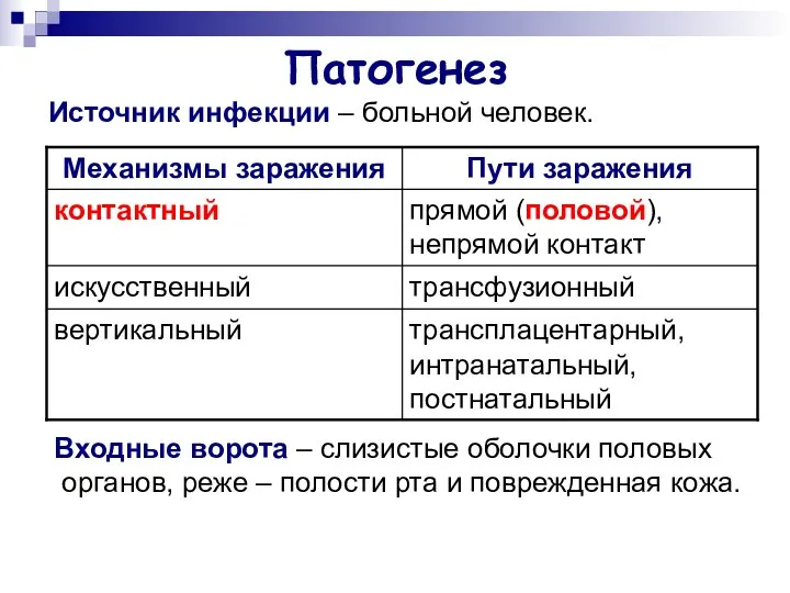 Патогенез Источник инфекции – больной человек. Входные ворота – слизистые оболочки