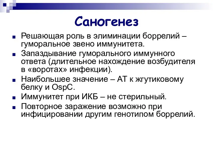 Саногенез Решающая роль в элиминации боррелий –гуморальное звено иммунитета. Запаздывание гуморального