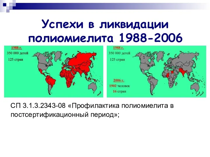 Успехи в ликвидации полиомиелита 1988-2006 СП 3.1.3.2343-08 «Профилактика полиомиелита в постсертификационный период»;