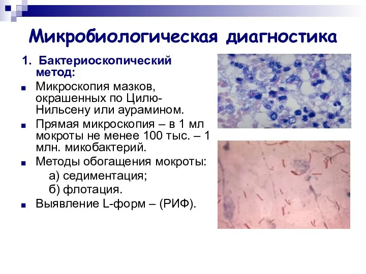 Микробиологическая диагностика 1. Бактериоскопический метод: Микроскопия мазков, окрашенных по Цилю-Нильсену или