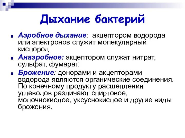 Дыхание бактерий Аэробное дыхание: акцептором водорода или электронов служит молекулярный кислород.