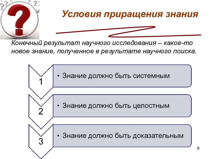 Условия приращения знания Конечный результат научного исследования – какое-то новое знание, полученное в результате научного поиска.