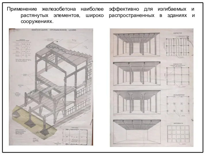 Применение железобетона наиболее эффективно для изгибаемых и растянутых элементов, широко распространенных в зданиях и сооружениях.