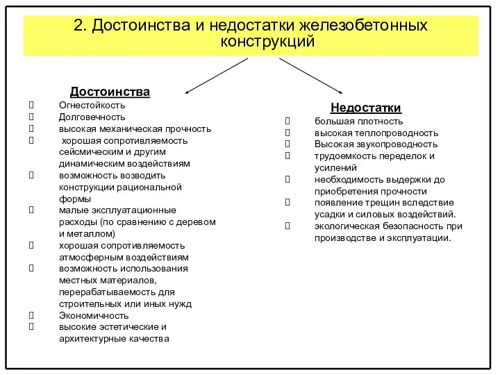 2. Достоинства и недостатки железобетонных конструкций Достоинства Огнестойкость Долговечность высокая механическая