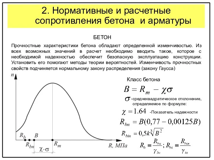 2. Нормативные и расчетные сопротивления бетона и арматуры БЕТОН Прочностные характеристики