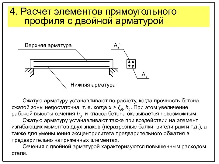 4. Расчет элементов прямоугольного профиля с двойной арматурой Нижняя арматура Верхняя