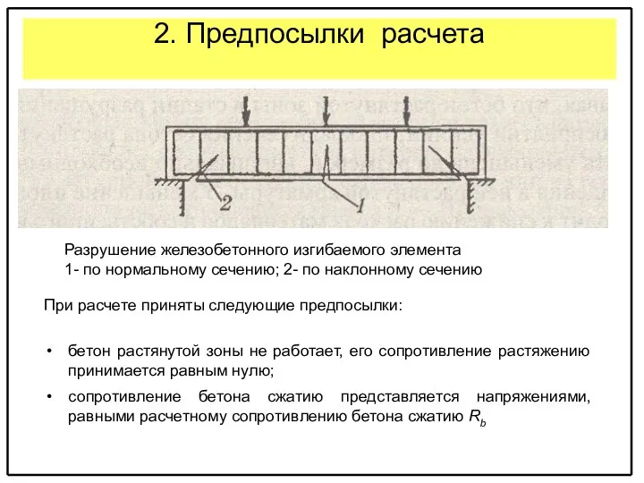 2. Предпосылки расчета При расчете приняты следующие предпосылки: Разрушение железобетонного изгибаемого