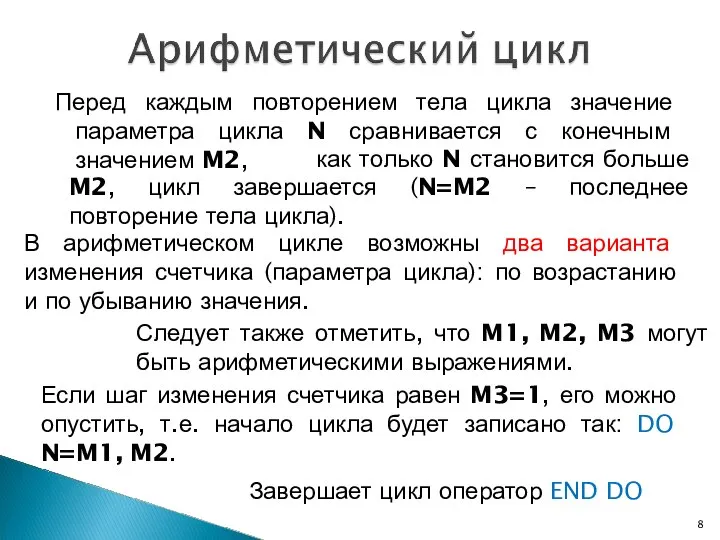 Перед каждым повторением тела цикла значение параметра цикла N сравнивается с