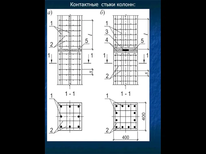 Контактные стыки колонн: а – с обрывом продольной арматуры; б –