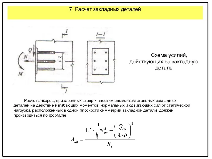 7. Расчет закладных деталей . Схема усилий, действующих на закладную деталь