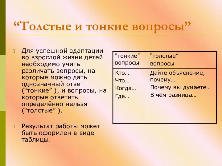 “Толстые и тонкие вопросы” Для успешной адаптации во взрослой жизни детей