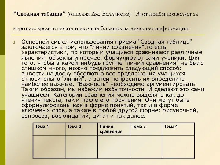 "Сводная таблица" (описана Дж. Беллансом) Этот приём позволяет за короткое время