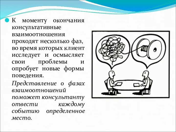 К моменту окончания консультативные взаимоотношения проходят несколько фаз, во время которых