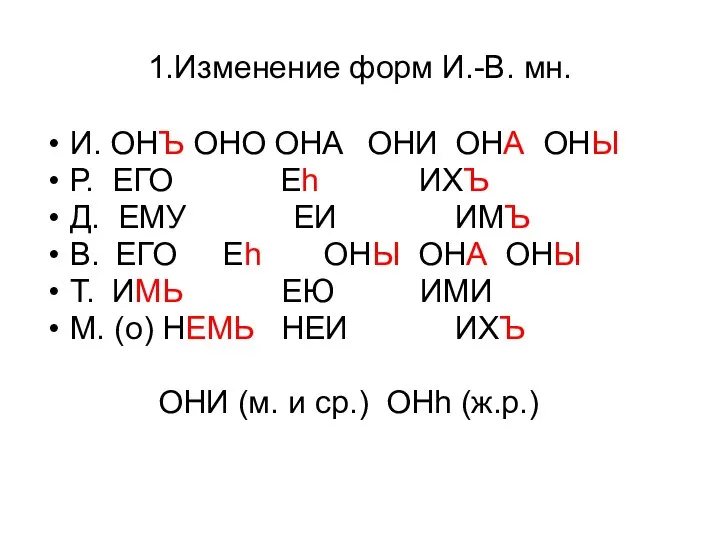 1.Изменение форм И.-В. мн. И. ОНЪ ОНО ОНА ОНИ ОНА ОНЫ