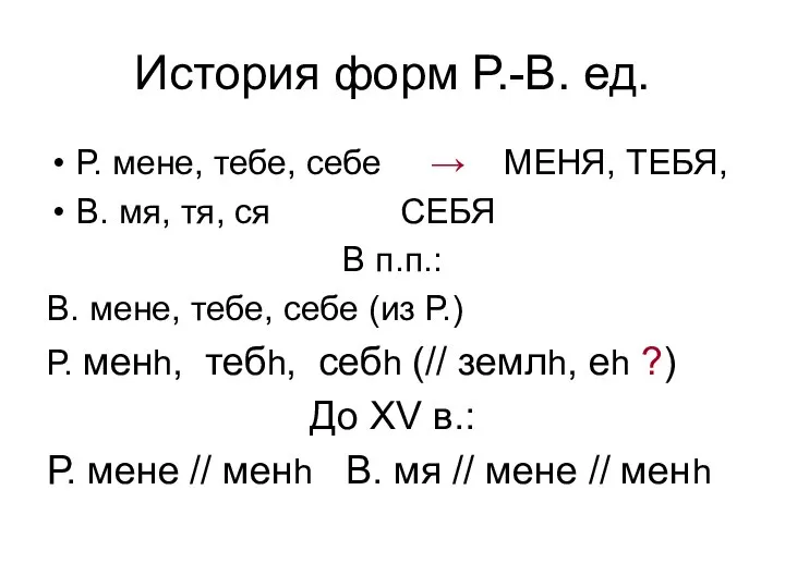 История форм Р.-В. ед. Р. мене, тебе, себе → МЕНЯ, ТЕБЯ,