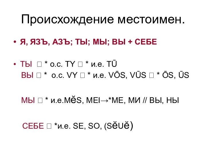 Происхождение местоимен. Я, ЯЗЪ, АЗЪ; ТЫ; МЫ; ВЫ + СЕБЕ ТЫ