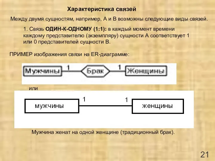 1. Cвязь ОДИН-К-ОДНОМУ (1:1): в каждый момент времени каждому представителю (экземпляру)