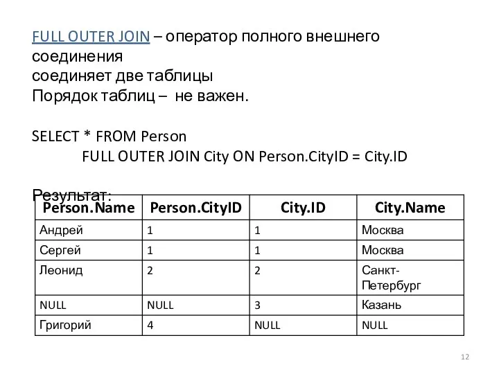 FULL OUTER JOIN – оператор полного внешнего соединения соединяет две таблицы