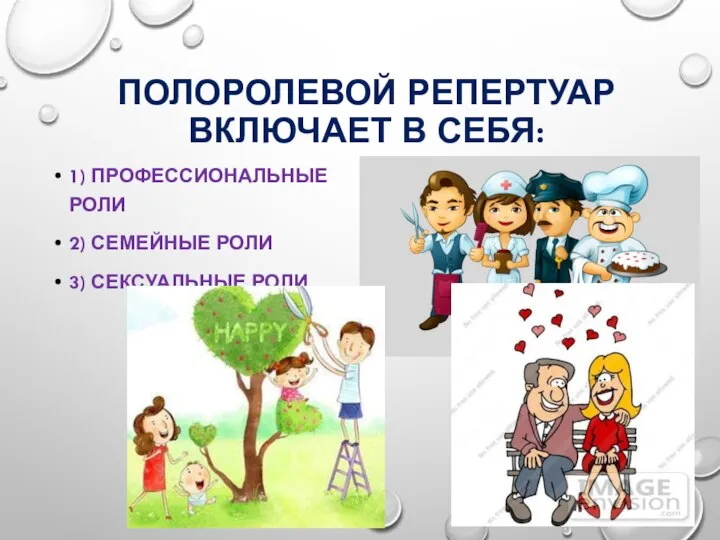 ПОЛОРОЛЕВОЙ РЕПЕРТУАР ВКЛЮЧАЕТ В СЕБЯ: 1) ПРОФЕССИОНАЛЬНЫЕ РОЛИ 2) СЕМЕЙНЫЕ РОЛИ 3) СЕКСУАЛЬНЫЕ РОЛИ