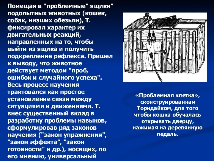 Помещая в "проблемные" ящики" подопытных животных (кошек, собак, низших обезьян), Т.