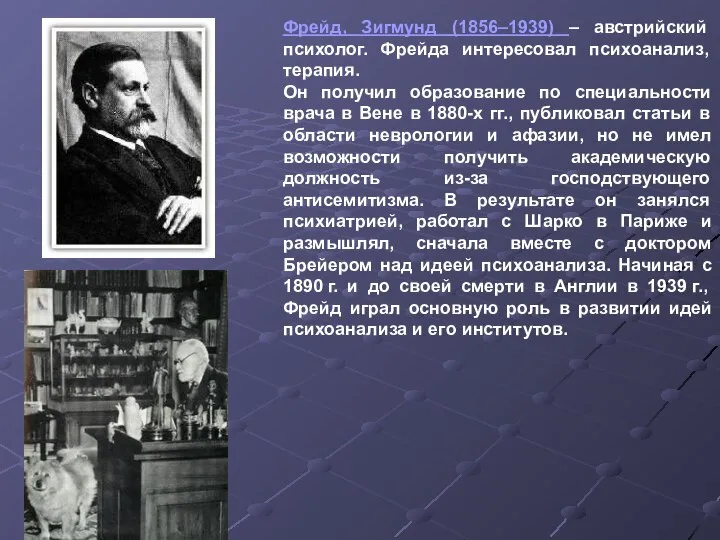 Фрейд, Зигмунд (1856–1939) – австрийский психолог. Фрейда интересовал психоанализ, терапия. Он