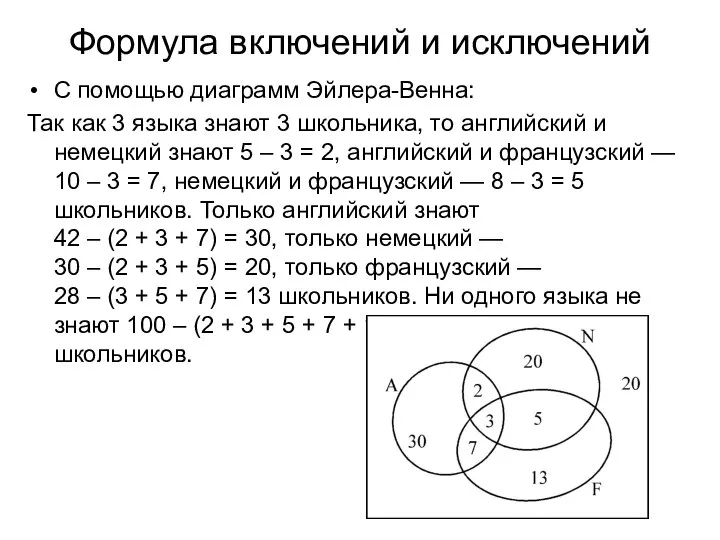 Формула включений и исключений С помощью диаграмм Эйлера-Венна: Так как 3