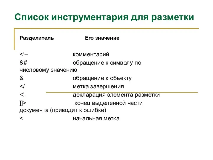 Список инструментария для разметки Разделитель Его значение &# обращение к символу