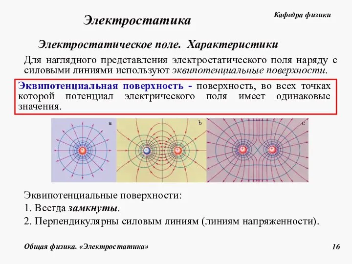 Электростатическое поле. Характеристики Электростатика Эквипотенциальные поверхности: 1. Всегда замкнуты. 2. Перпендикулярны