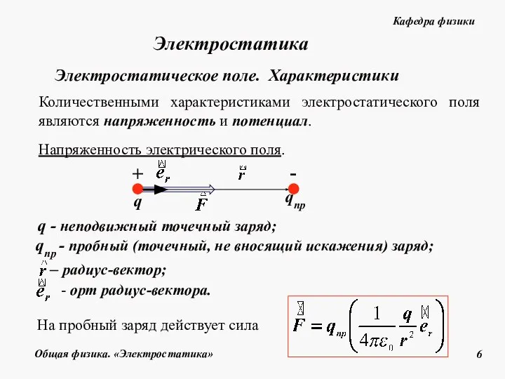 q qпр Электростатическое поле. Характеристики Напряженность электрического поля. q - неподвижный