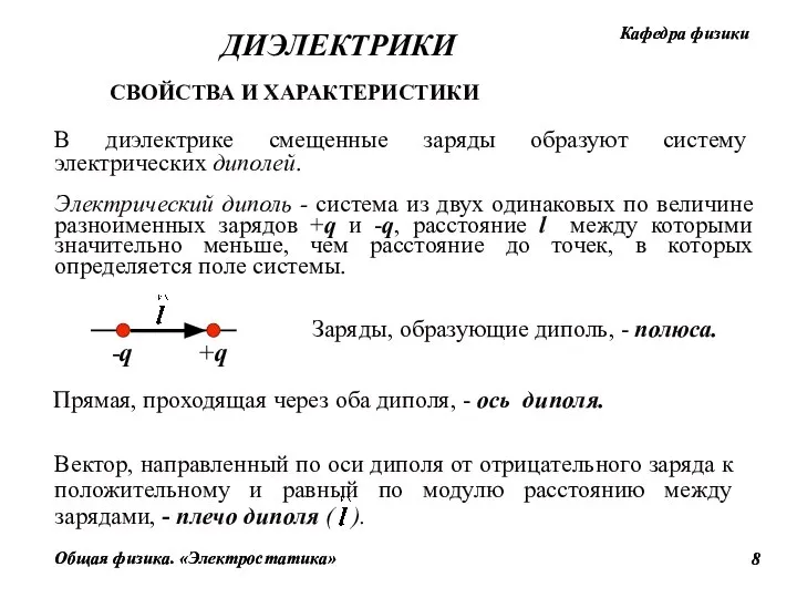 -q +q Электрический диполь - система из двух одинаковых по величине