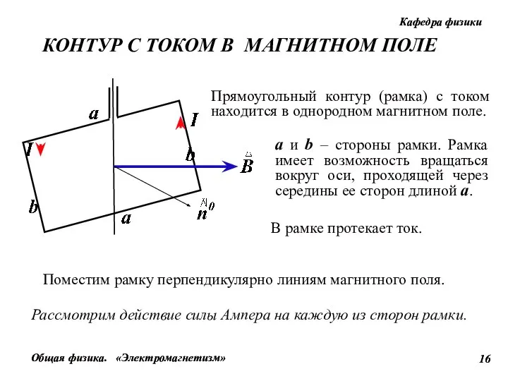Прямоугольный контур (рамка) с током находится в однородном магнитном поле. а