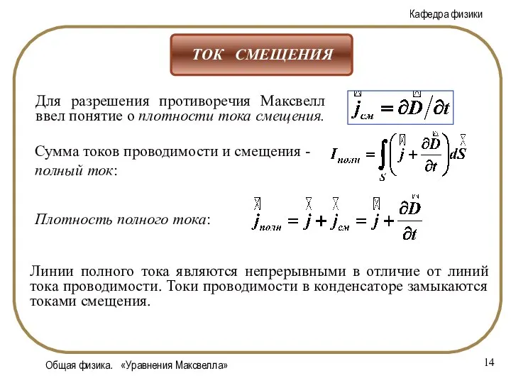 Общая физика. «Уравнения Максвелла» Сумма токов проводимости и смещения - полный