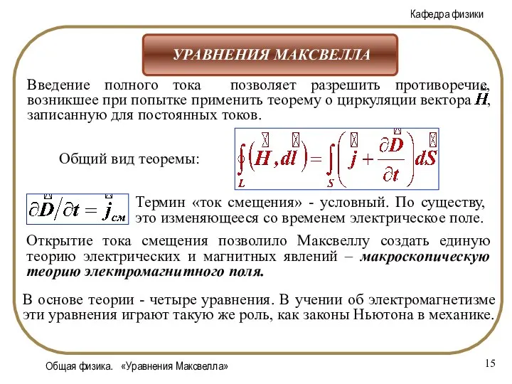 Общая физика. «Уравнения Максвелла» В основе теории - четыре уравнения. В