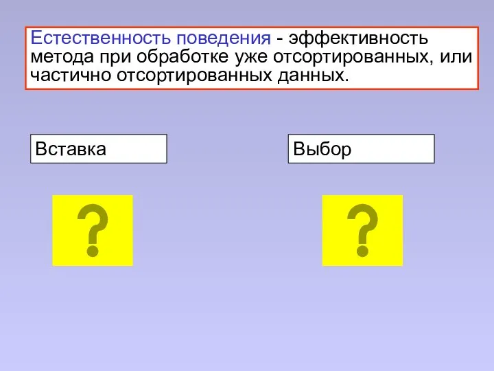 Естественность поведения - эффективность метода при обработке уже отсортированных, или частично отсортированных данных. Вставка Выбор