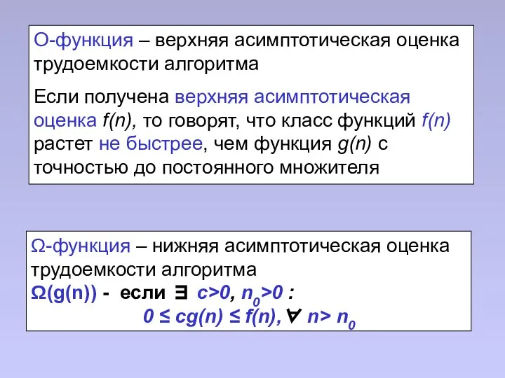 О-функция – верхняя асимптотическая оценка трудоемкости алгоритма Если получена верхняя асимптотическая