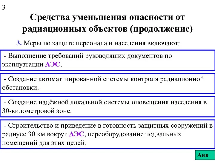 Средства уменьшения опасности от радиационных объектов (продолжение) 3. Меры по защите