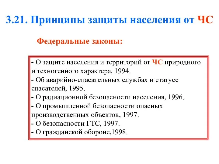 3.21. Принципы защиты населения от ЧС Федеральные законы: - О защите