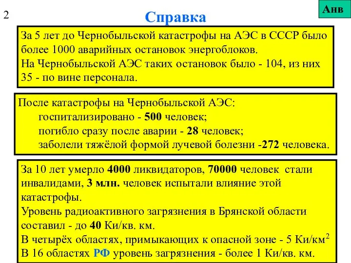 Справка За 5 лет до Чернобыльской катастрофы на АЭС в СССР