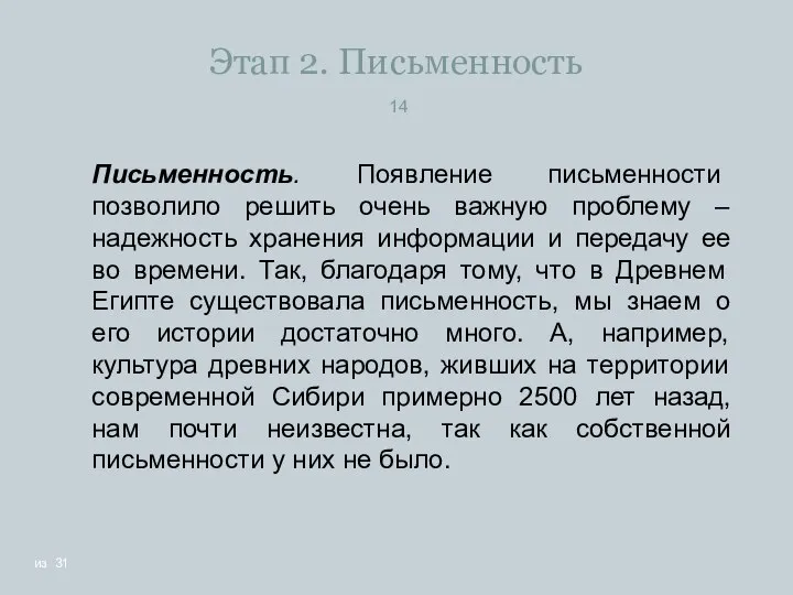 Этап 2. Письменность Письменность. Появление письменности позволило решить очень важную проблему