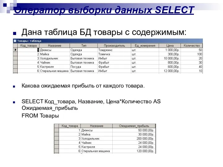 Оператор выборки данных SELECT Дана таблица БД товары с содержимым: Какова