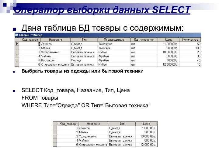 Оператор выборки данных SELECT Дана таблица БД товары с содержимым: Выбрать